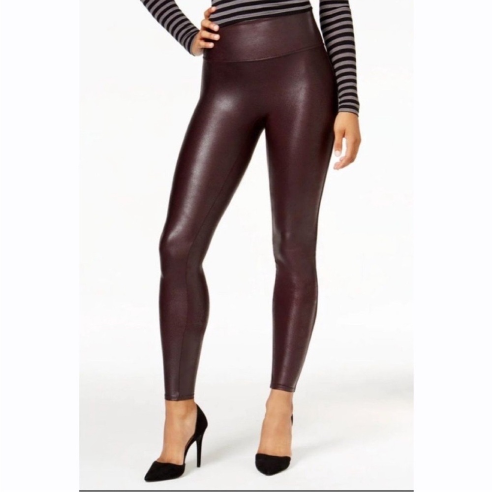SPANX Womens Shiny Burgundy Wine Faux Leather Leggings, Size XL